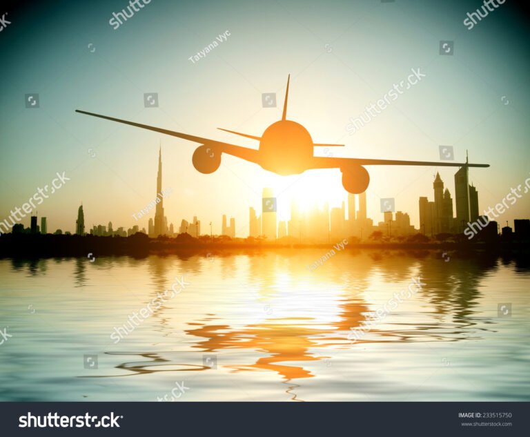 avion despegando con fondo de ciudad costera
