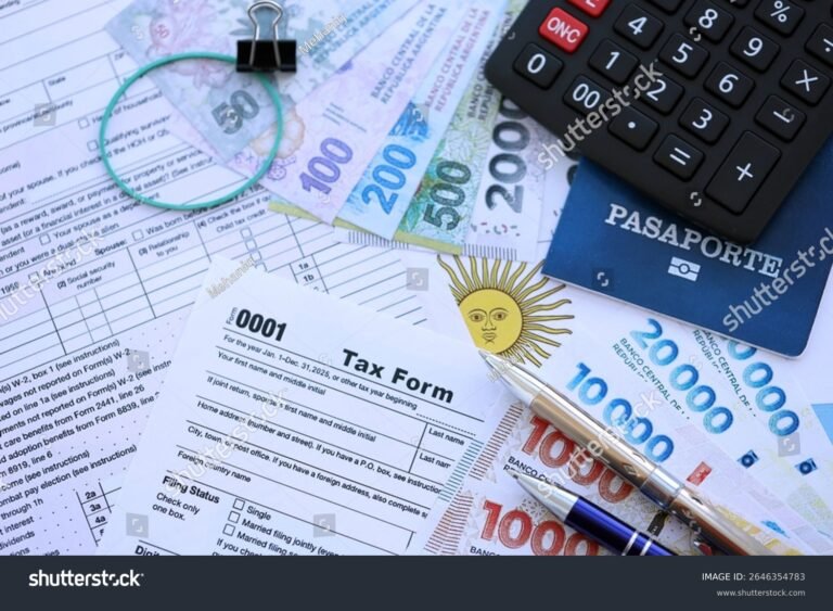 billetes argentinos sobre calculadora y documentos