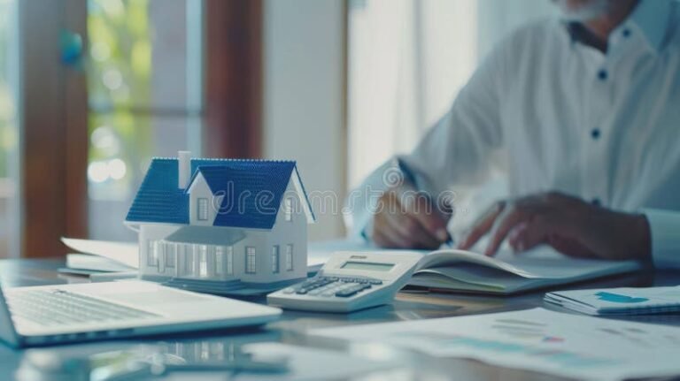 casa moderna con calculadora y documentos financieros