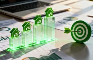 casa moderna con graficos financieros transparentes