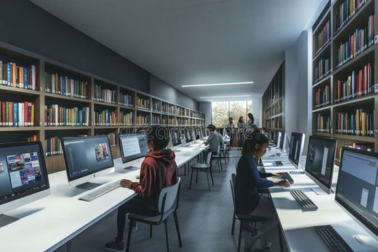 Cómo realizar la preinscripción en Fines Educación Gob AR 7 estudiantes usando computadora en biblioteca moderna