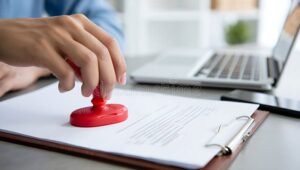 manos firmando documentos oficiales con sello