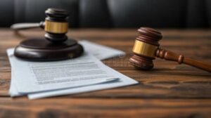 martillo de juez y documentos legales sobre mesa