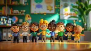 ninos explorando plantas en aula colorida