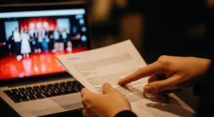 persona revisando documentos con computadora portatil