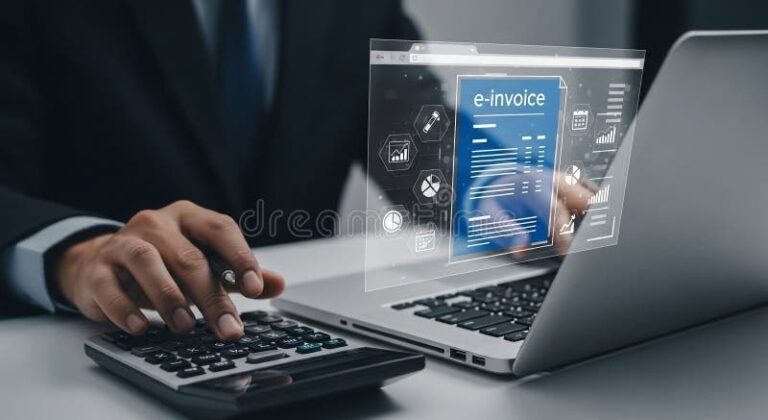 persona usando computadora y calculadora factura