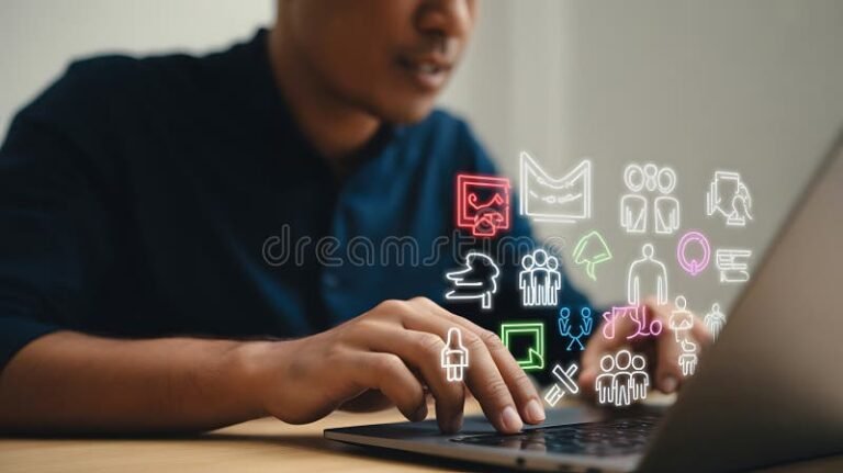 persona usando laptop con iconos de redes sociales