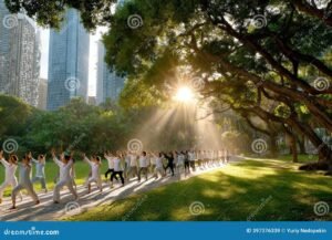 personas practicando tai chi en parque urbano