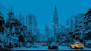 taxi amarillo conduciendo por ciudad iluminada