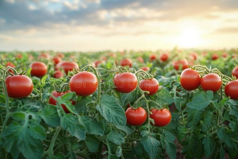 tomates frescos maduros en campo verde
